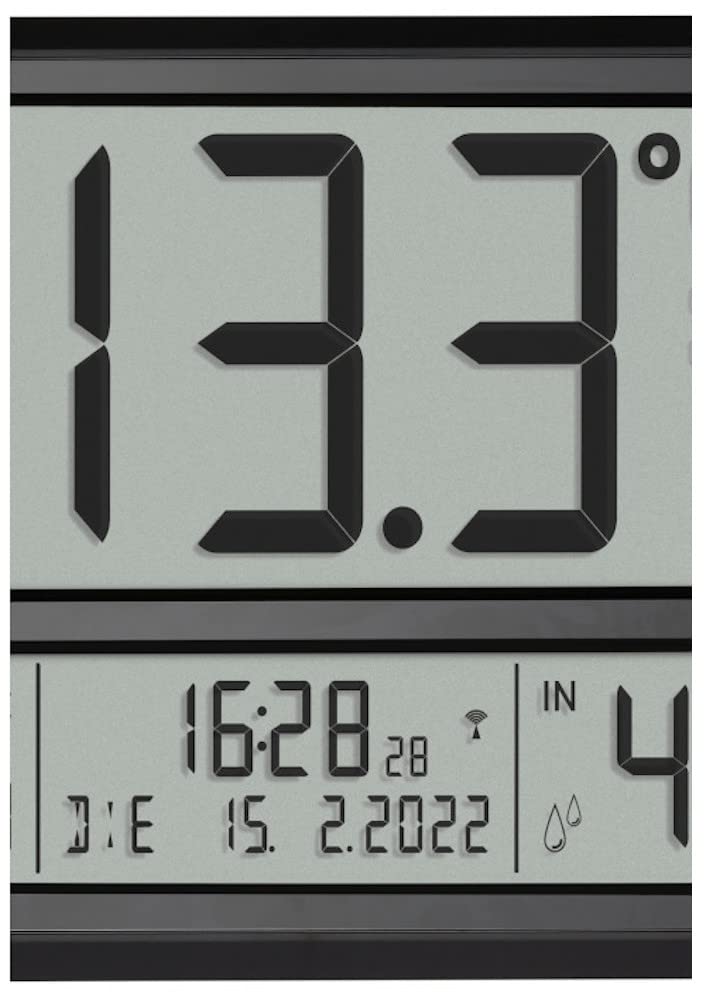 TFA Dostmann Orologio da parete digitale XL, 60.4523.01, con temperatura esterna e clima ambiente, radiocontrollato, visualizzazione 24 ore, data completa, nero, con batterie