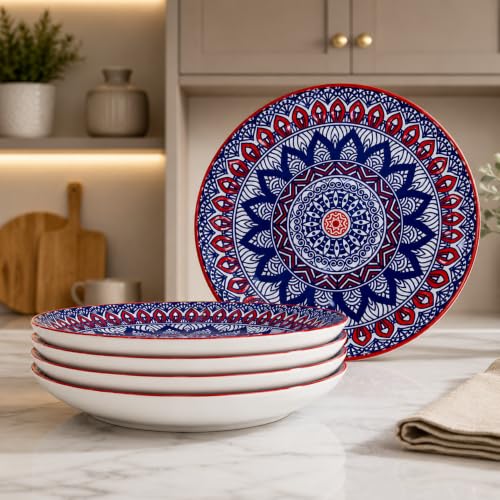 Image of Ceramic Pasta Plate, 20.4 cm Porcelain Dinner Plates, Microwave & Dishwasher Safe, Food Grade Ceramic, Deep Serving Plate for Pasta, Salad, Soup, Curry & Noodles (Mandala Print, Pack of 4)