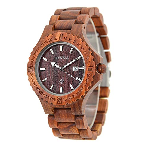 Ming GFFXIXI - Reloj de Pulsera para Hombre (Madera, con Calendario), RedSandalwood