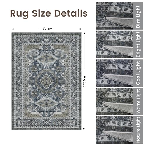 Rugland 3x5 Rug - Stain Resistant Washable Rug, Anti Slip Backing Rugs for Living Room, Vintage Tribal Area Rugs (TPR07-Navy, 3'x5')