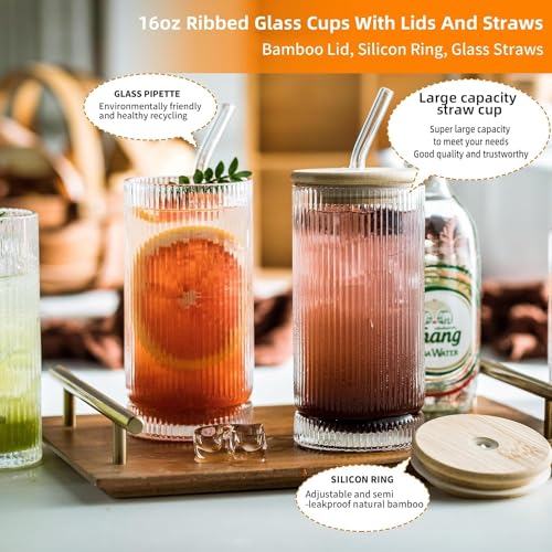 Image of Kamvy Reusable Glass Coffee Tumbler with Bamboo Lid and Straw Pack of 1, 400ml Multipurpose Drinking Glasses Travel Sipper for Juice Water Smoothies Cocktail Mugs (Linning)