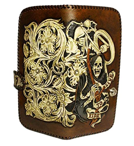 Men's 3D Genuine Leather Wallet, Hand-Carved, Hand-Painted, Leather Carving, Custom wallet, Personalized wallet, Live to Ride, Skull, Skeleton