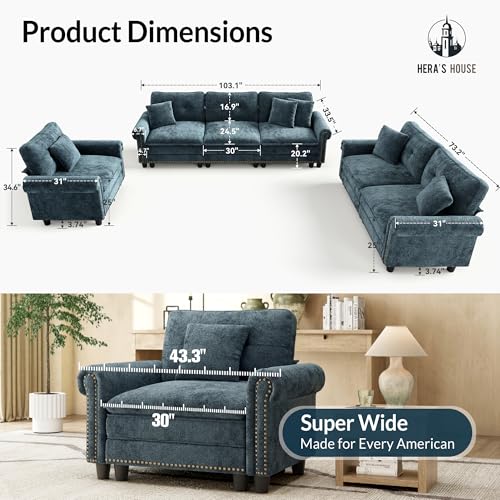 Image of HERA'S HOUSE Modular Sectional Sofa Set for Living Room 3-Piece Deep Seats | Mid-Century Modern 6-Seater Cloud Sofa Set, Cyan, Rolled Arms & Nailhead Trim, Wider & Deeper Seats, Chenille Furniture Set