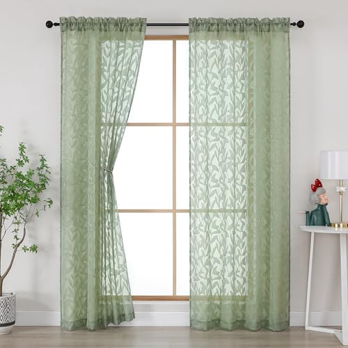 Gwine Sage Green Curtains 84 Inches Long 2 Panels Set Light Filtering Soft Lightweight Sheer Curtains Leaf Clip Jacquard Textured Curtain for Bedroom Living Room 42Wx84L Inches 2PCS
