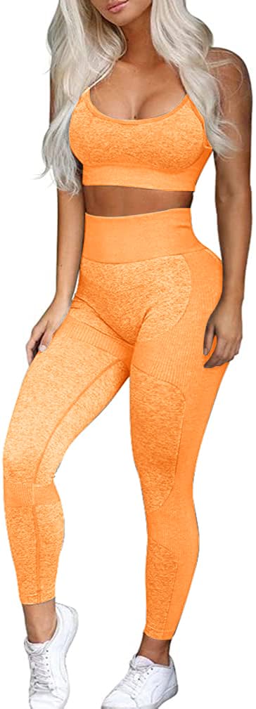 Womens Workout Sets 2 Piece Seamless Leggings Criss-Cross Sports Bra