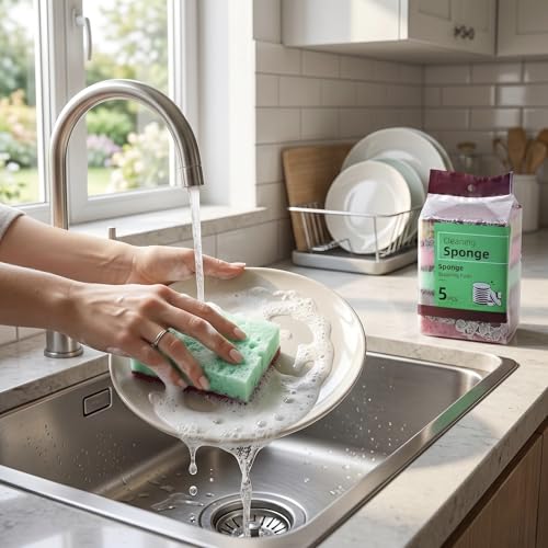 Image of Scrubs with Sponges (Pack of 5) 100% Odor Free and Scratch-Free | Reusable Dishwashing Scrubber for Kitchen and House Cleaning, Suitable for Iron Cast, Steel & Coated Cookware, Rinses Clean