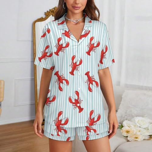 Image of Women Pajamas Shorts Sets Wild West Rodeo Cowboys PJs 2 Piece Button Down Shirt Lounge Pants Set