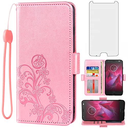 Asuwish Compatible with Moto Z2 Force Wallet Case and Tempered Glass Screen Protector Flip Wrist Strap Card Holder Stand Cell Phone Cover for Motorola MotoZ2Force Droid MotoZ2 Z2Force Z 2 2Z Rose Gold
