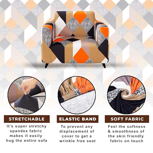 Image of Story@Home Sofa Cover 1 Seater Fully Covered Stretchable Polyester Spandex Elastic 1 Seater Sofa Cover 90x140Cm | Orange & Beige Abstract for Living Room & Create Your Own Customized Set