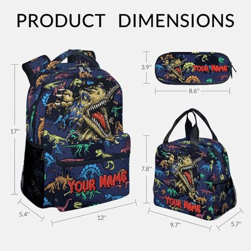 Boys Backpack with Lunch Box - Personalized 3 in 1 Cool Dinosaurs Bookbag for School, Travel - 17 Inch Custom School Bag Set for Kids2