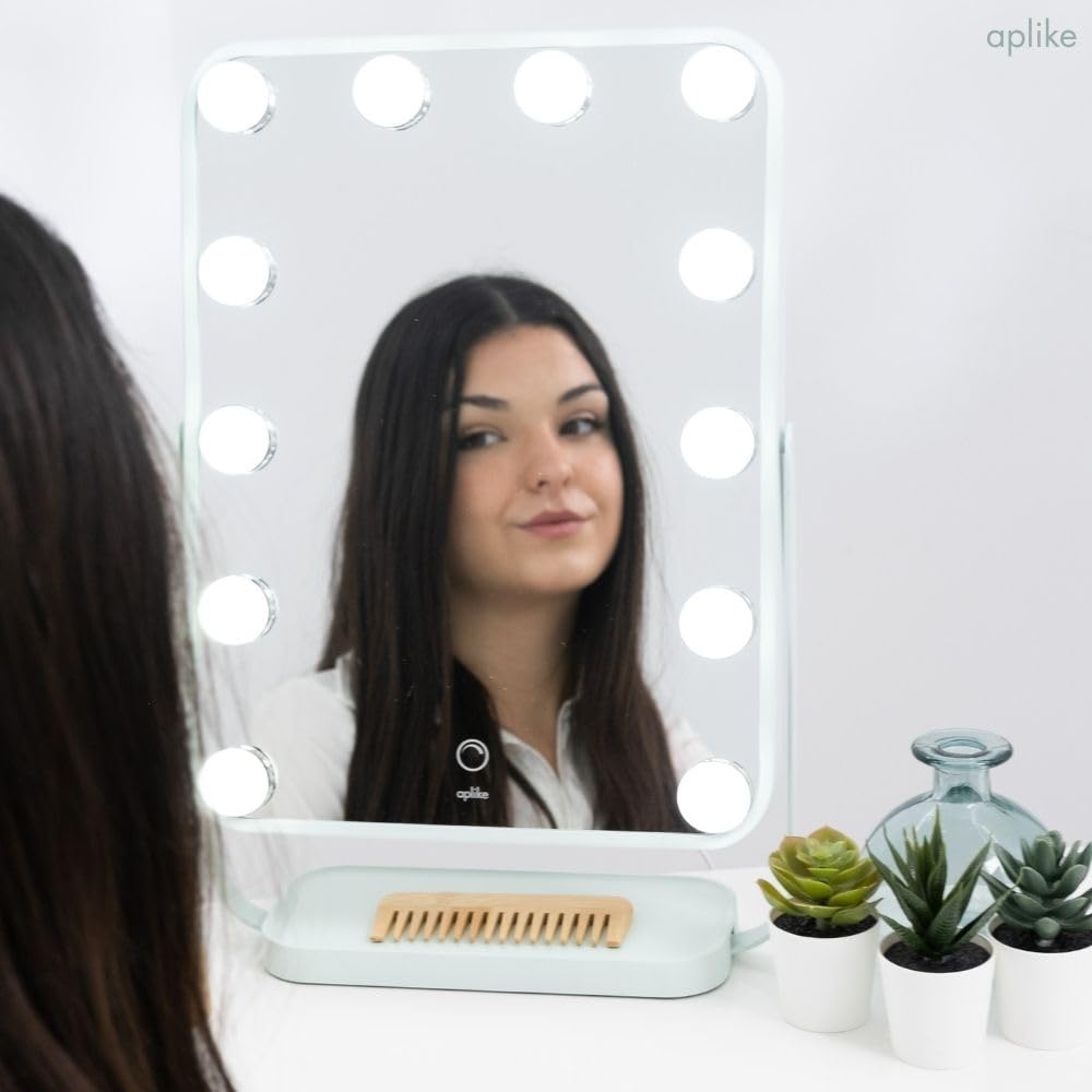 Aplike - Specchio da trucco con luce, specchio da toeletta Hollywood Studio con luce LED regolabile, controllo tattile, rotazione di 360°, basso consumo (acquamarina)