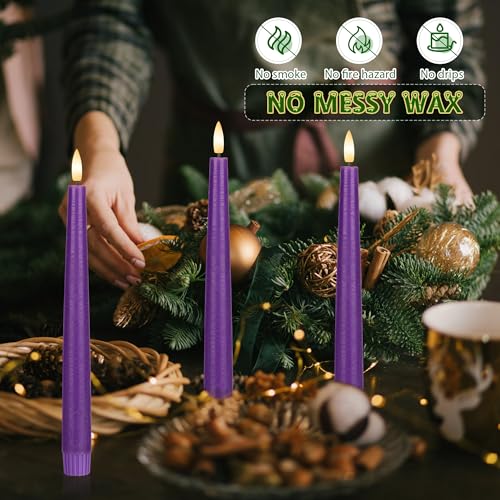 Image of Purple Flameless Taper Candles with 3D Wick, 9.6 inch Real Wax LED Candles with Remote, 3 Pack Flickering Candlesticks Battery Operated, Classic Tall Taper Candle for Home, Wedding, Party