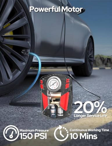 COSTAR Tyre Inflator, 150 PSI Air Pump for Car Tyre, 12V DC Electric Car Air Pump with LED Flashlight, 11.8 Feet Cords, Cigarette Lighter Interface, Multiple Nozzles for Car, Bikes, Bicycles & Balls - Image 3