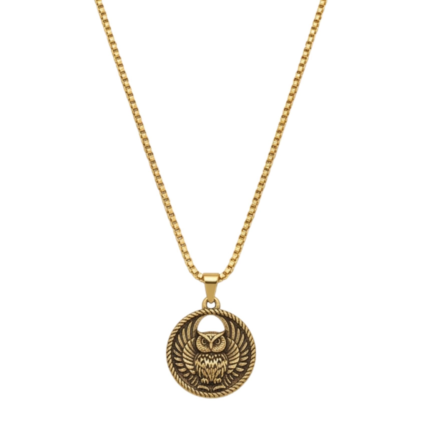 czardonic Gold Plated Owl Medallion Pendant Necklace for Men and Women | Stainless Steel Antique Bird Coin Locket with Box Chain | Vintage Animal Protection Fashion Jewellery for Boys & Girls-picture-41