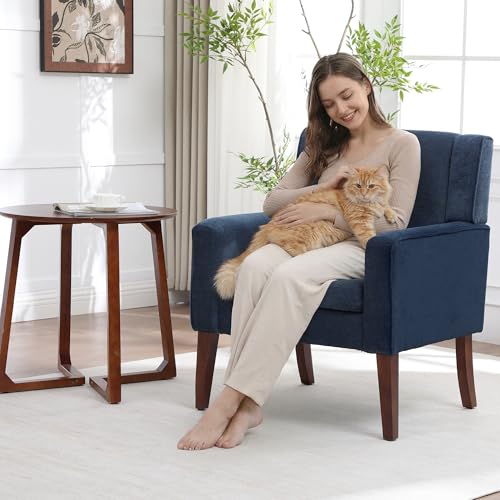 Image of Accent Chairs for Living Room, Mid-Century Reading Chair with Wood Legs, Upholstered Comfy Living Room Chair for Bedroom, Apartment, Waiting Room, Blue