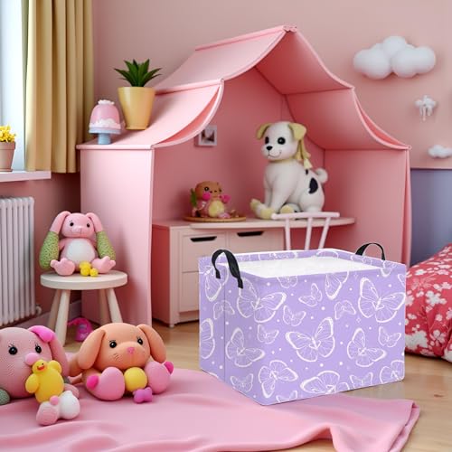 Image of Rectangular Kids Storage Basket Baby Storage Basket with Handles for Home Kitchen Girls Cute Toy Storage Bin Organizer Shelf Book Room Decor(Purple Butterfly)