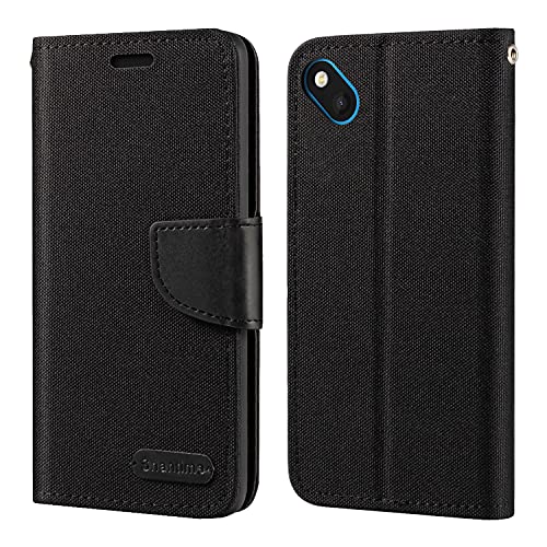 Étui Portefeuille en Tissu Oxford et Cuir PU Compatible avec Wiko Sunset 2, Coque Robuste avec Rabat Magnétique et Fentes Cartes (Noir)