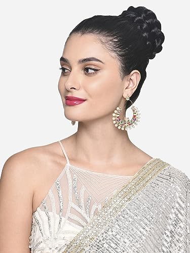 Crescent Lotus Ethnic Dangle Earrings with Stones - ZPFK16398