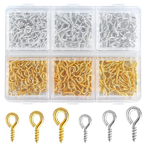 400pcs Small Screw Eye Pins Eye Hooks Screws Mini Eyelet Screws Eyelets Screw Threaded Silver Clasps Perfect for Jewelry Making Crafts Cork Top Bottles DIY Making and Charm Bead Pieces(Gold Sliver)