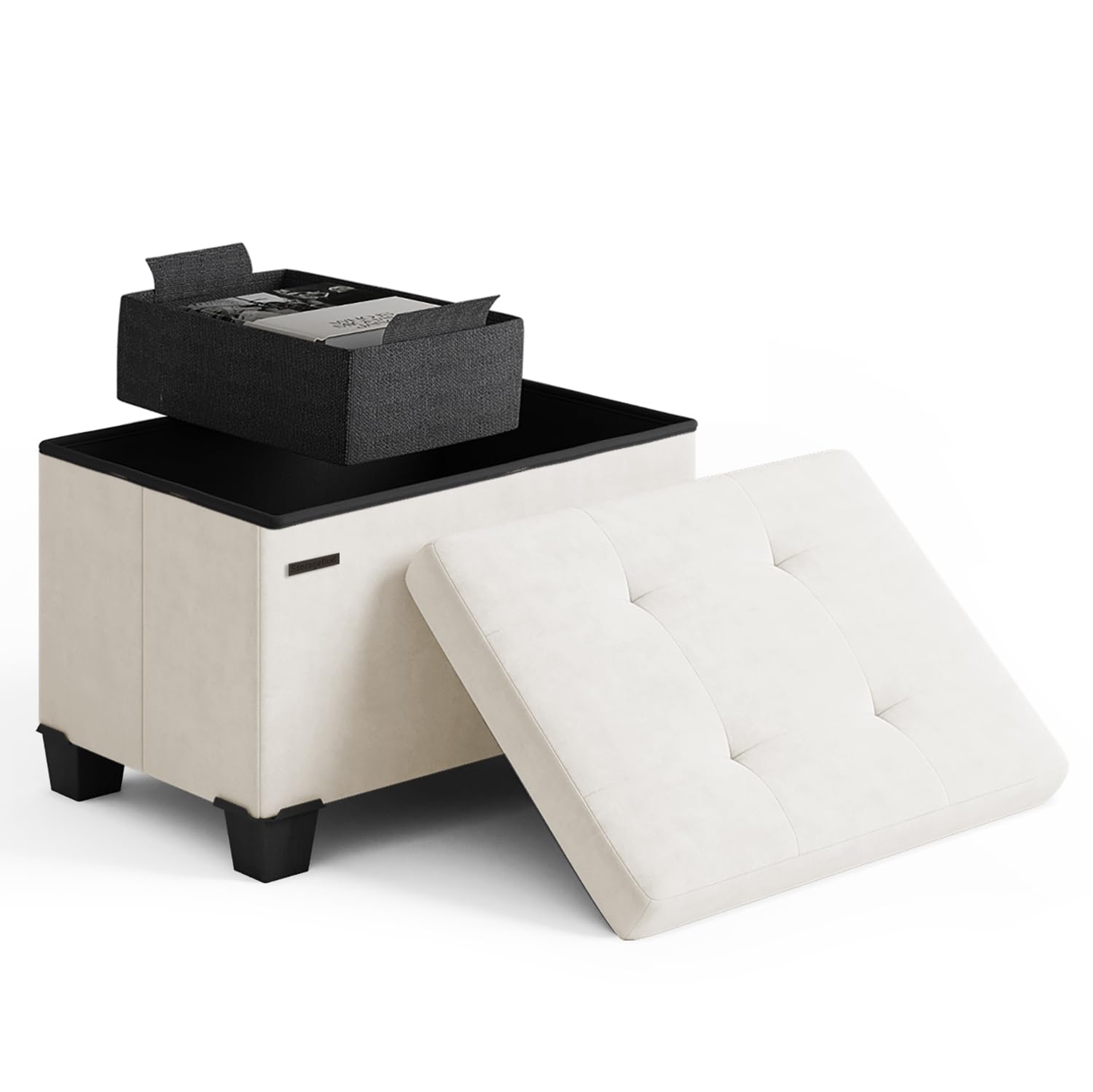 Storage Ottoman Cube with Small Bin, 16-in Square Ottoman with Storage for Living Room and Bedroom, Small Ottomans Foot Rest, Velvet Foot Stools Ottomans Max 330lbs, Cream