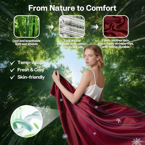 MR&HM Queen Sheet Set, 4-Piece Cooling Sheets, Rayon Derived from Bamboo & Polyester Blend, Soft & Silky, 15" Deep Pockets with Elastic Straps, Hotel Luxury for Hot Sleepers, Burgundy