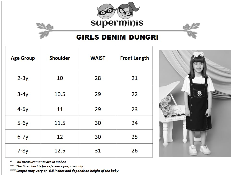 Image of superminis Girls Twill Denim Solid Color Dungree /Dress With Embroidered Pocket (1 Dress,1 Tee)