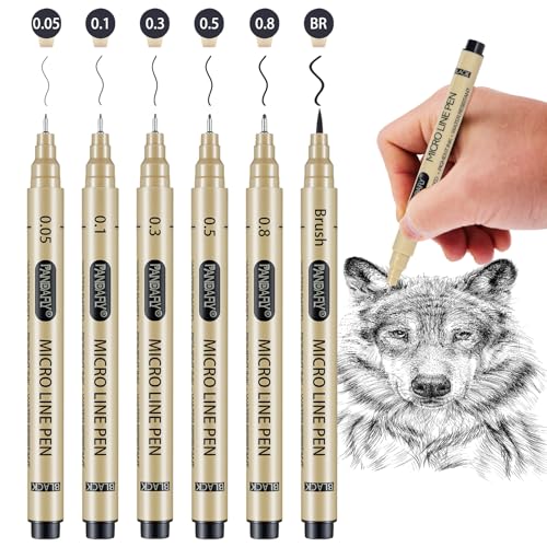 PANDAFLY Black Fineliners Pens, 6 Size Ultra Fine Point Pen, Waterproof Archival Ink, Black Art Pen for Drawing, Micro Pens for Drawing, Sketching, Bible, Watercolor, Artist Illustration, Anime, Manga