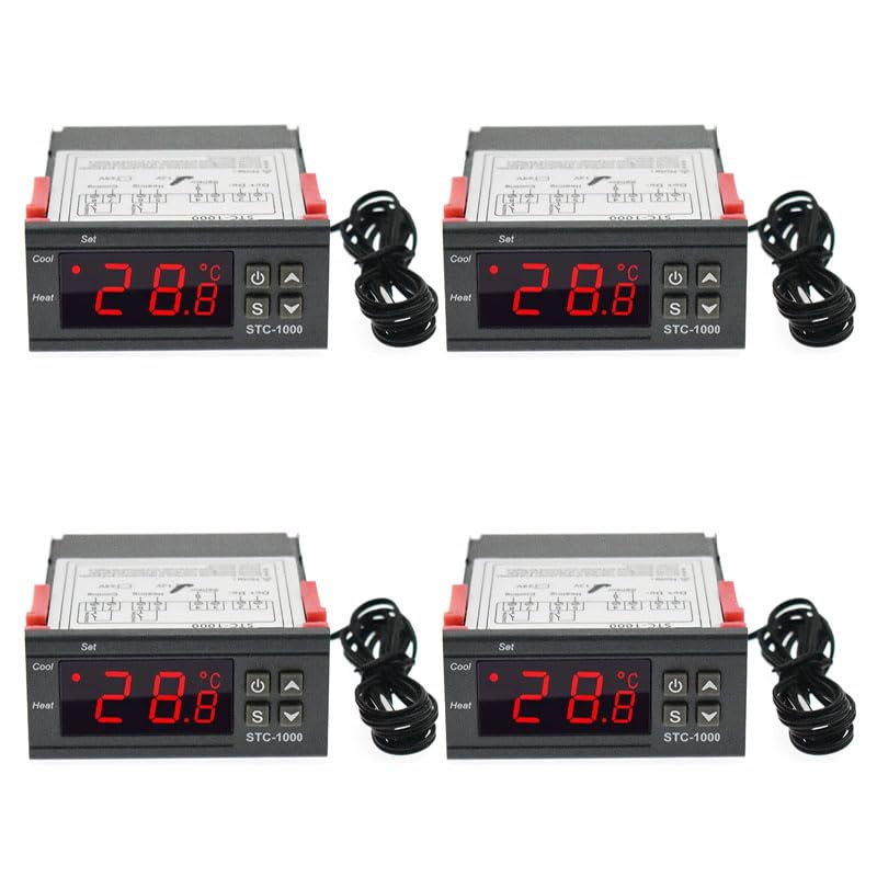 4PCS STC-1000 Digital Temperature Controller AC 10A 110V-220V Digital LED Temperature Controller Heating Cooling Centigrade Thermostat 2 Relays Output with NTC Sensor Probe (12V)