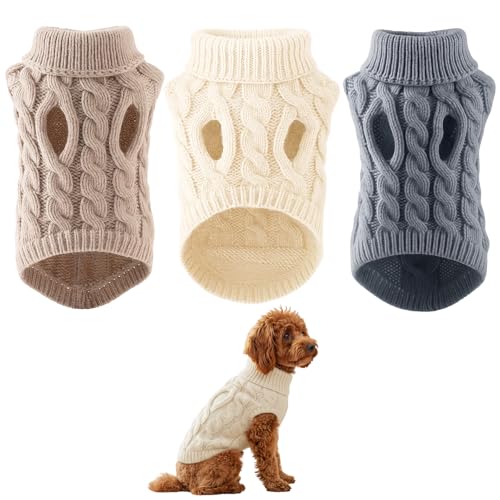 3PCS Dog Jumpers Knit Sweaters for Small to Medium Dogs Soft Warm Winter Dog Outfits for Small Dogs in White Khaki and Dark Gray
