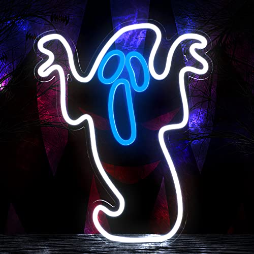 Image of Halloween Ghost Neon Light - Flickering Boo Neon Signs for Wall Decor 16.3x13 Inch, USB Powered LED Halloween Ghost Neon Light for Bedroom Christmas Gift for Party Decor Kids Game Room Bar, White