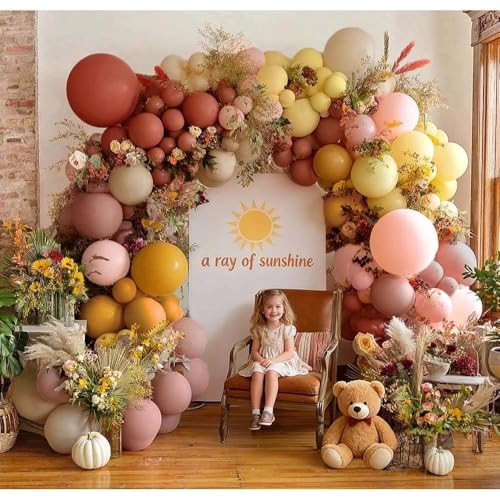Image of Dusty Pink Yellow Balloon Arch Kit Double Stuffed, Mauve Pink Mustard Light Yellow White Sand Balloon Garland for Baby Shower Birthday Bee Groovy Boho Rainbow Sunshine Party Decoration