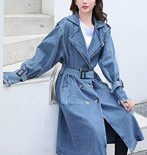 QZUnique Women Long Denim Jacket With Belt Jean Long Sleeve Trench Coat Button Down Casual Oversized Spring Tunic Outerwear4