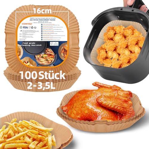 HONYAO Backpapier für Heißluftfritteuse 2-3,5 L, 100 Stück Quadrat 16x16 cm Air fryer Baking Papier Liners Antihaft Einwegpapier Zubehör kompatible mit Philips Cosori Tefal Klein Airfryer