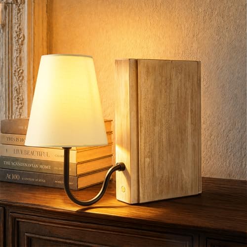 AELS Solid Wood Bookshelf Lamp with Bulb Cordless Rechargeable Touch Dimmable Table Lamp with Linen Fabric Shade Modern Decorative Bookend Lamp for Bedroom Office & Bookshelf Decor Natural