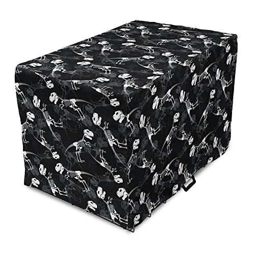 Lunarable Dinosaur Dog Crate Cover, White Color Dinosaur Skeleton Illustration Tyrannosaurus Bones and Skull Print, Easy to Use Pet Kennel Cover for Small Dogs Puppies Kittens, 36 Inch, Black White