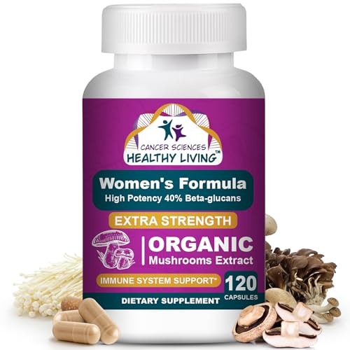 CANCER SCIENCES Women's Wellness Supplement, USDA Certified Organic Mushrooms Extract, Extra Strength 1,500 mg, High Potency 40% Beta-Glucans, Immune & Hormonal Support, Digestive Health, 120 Capsules