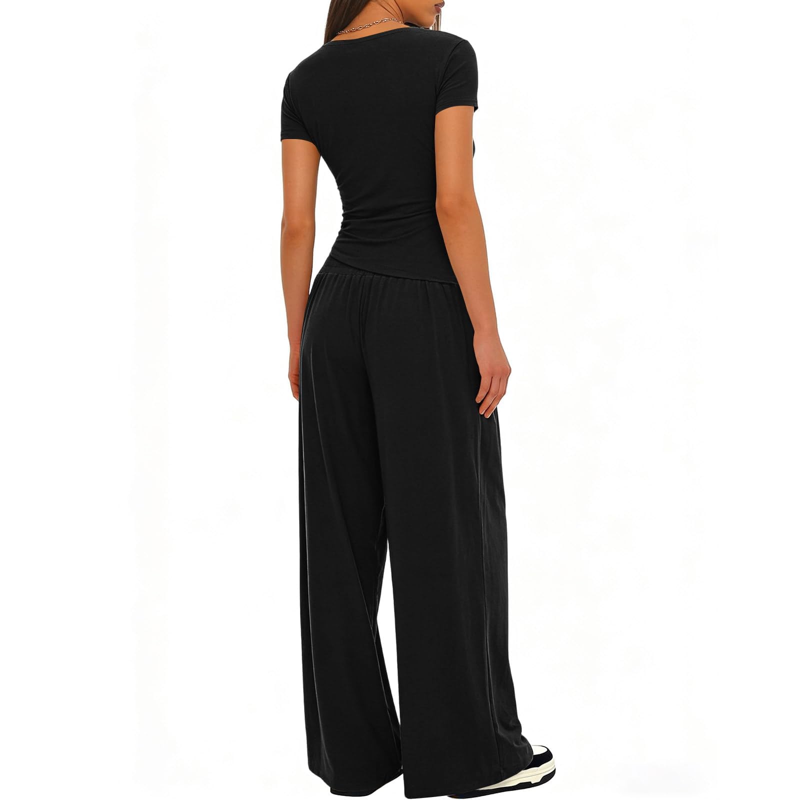 LIAMERHE Femme Ensemble 2 Pièces Été Chic Manches Courtes Col en V Cache-Cœur et Pantalon Large Fluide avec Poches Tenue de Détente Élégante Loungewear Streetwear Casual et Yoga