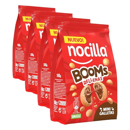 Nocilla BOOMs Rellenas, Mini Galletas con Crema de Cacao y Avellanas, Sin Aceite de Palma, 100 g (Paquete de 4)