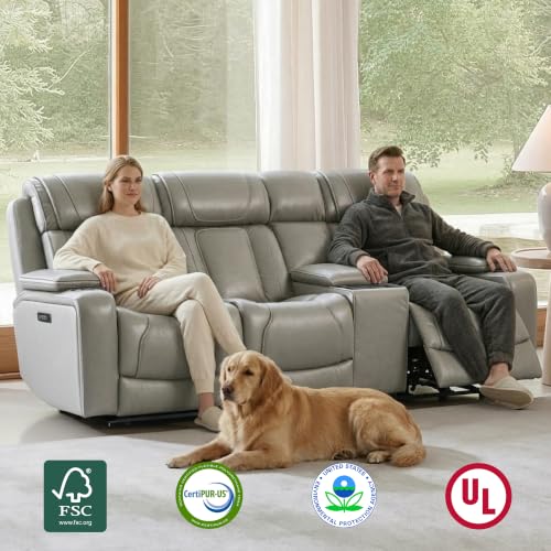 Image of Watson & Whitely Power Reclining Sofa 3-Seat with Console, Light Grey