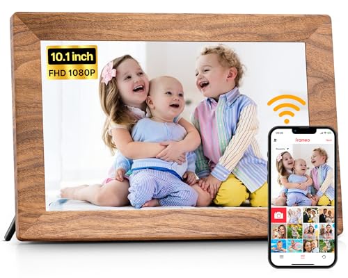 FRAMEO Digitaler Bilderrahmen WLAN 10,1 Zoll - 1280x800 IPS Touchscreen Digitale Bilderrahme, 32GB Speicher, Auto Rotation Elektronischer Fotorahmen, Teilen Sie Fotos/Videos Sofort (Holzmaserung)