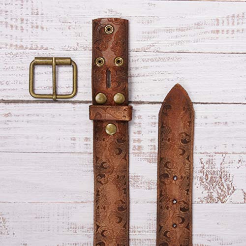 Snap On Soft Hand Floral Embossed Vintage Cowhide Full Grain Leather Casual Jean Belt4