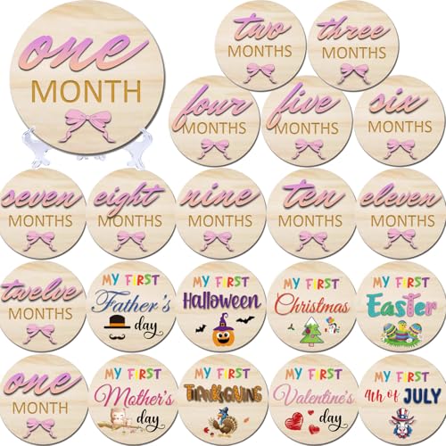 Image of Wooden Baby Monthly Milestone Cards | 3D Double-Sided Pink Number 1 to 12 Month Milestone Sign Baby First Holiday Newborn Photo Props Baby Shower Gifts for Girls (Monthly Milestone Signs)