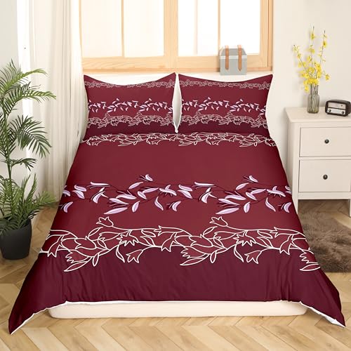 Loussiesd Wine Red Comforter Cover King Size Embroidered Floral Bedding Set Jacquard Decorative 3 Pieces European Duvet Cover Set Women Bedspread Cover with 2 Pillowcase Microfiber Zipper - Image 3