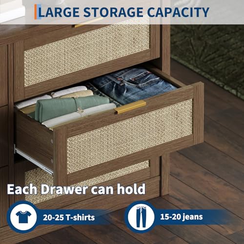 6 Drawer Dresser for Bedroom, 52.7" Wide Rattan Dresser, Wooden with Gold Handles, Farmhouse Tv Stand Entryway Table, Modern Chest of Drawers for Living Room, Entryway
