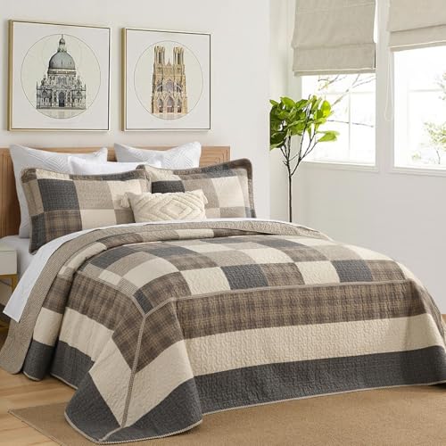 Image of 100% Cotton Oversized King Bedspread 128x120, Brown Neutral Plaid | Extra-Wide Coverage, Reversible 3-Piece Bedding Set, Fits Thick Mattresses, Lightweight All-Season Comfort, Modern Farmhouse