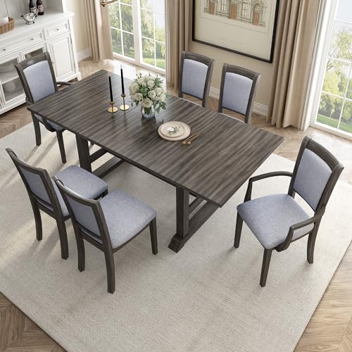 Merax 7-Piece Dining Table Set, 76.9inch Extendable Trestle Dining Table with Removable Leaf, Kitchen Table Set with Upholstered Side Chair and Arm Chair, Dining Table Set for 6 (Grey)