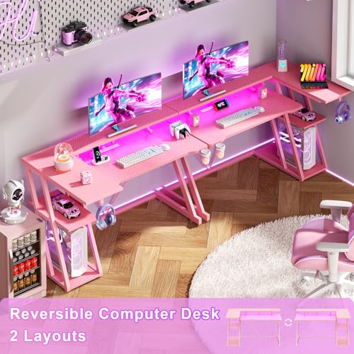 Image of Korfile 47 Inch Pink Gaming Desk with Power Outlet & LED Lights, Corner Computer Desk with 3 Tiers Storage Shelves, L Shaped Gaming Desk with Monitor Stand for Bedroom