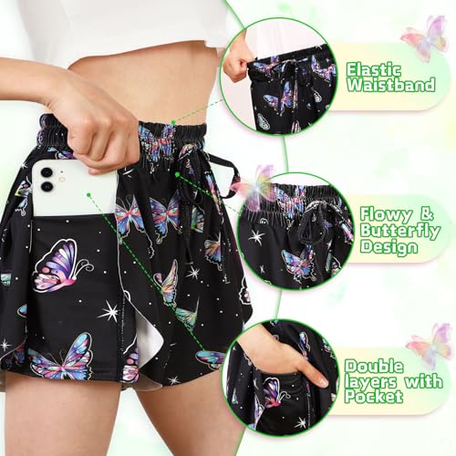 Girls Butterfly Shorts 2 in 1 Flowy Shorts with Pockets Quick-Drying Tennis Gym Cheer Skirt Athletic Shorts 5-14Y2