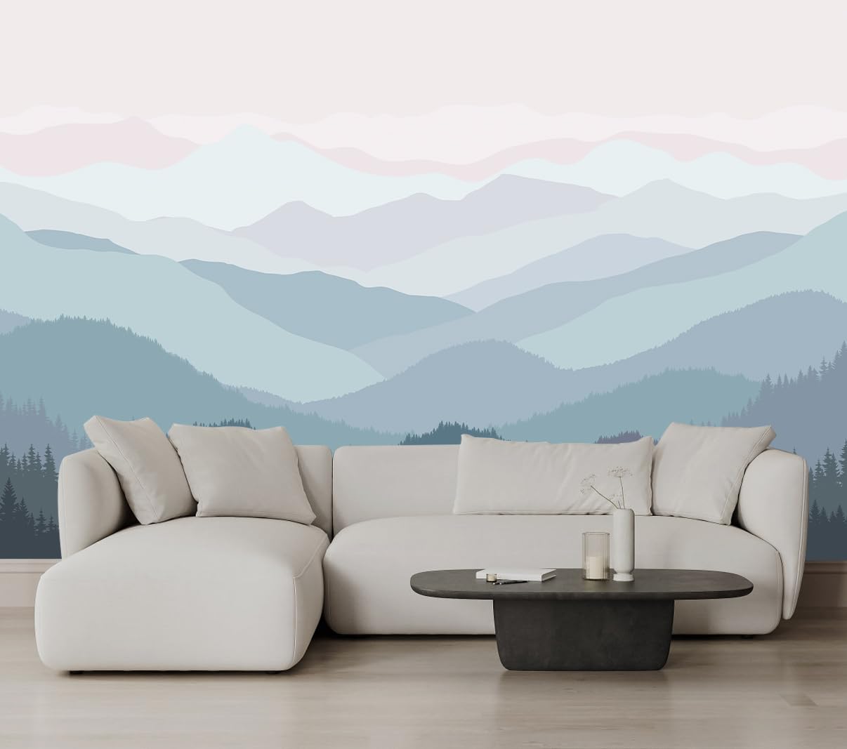 Papier peint moderne montagne et forêt rose MFWFM pour salon