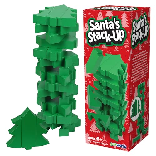 Funwares Christmas Tree Stack-Up, Wooden Blocks Stacking Game, Tumbling Tower, Family & Party Fun, Kids and Adults, Holiday Decoration, Ages 6+